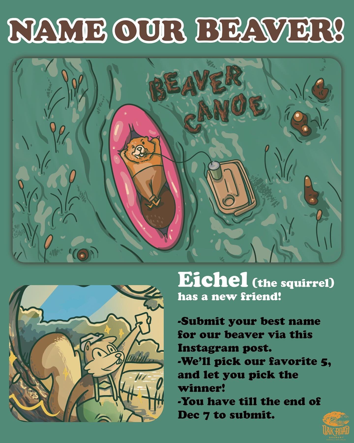 Help us name our beaver!! Upon our release of Beaver Canoe, we need a name for our beaver, of course! 
Only suggestions under this post will be counted! 
Let&rsquo;s see what you&rsquo;ve got!
(Beer for thought: Eichel- is German for acorn) 
.
.
#oa